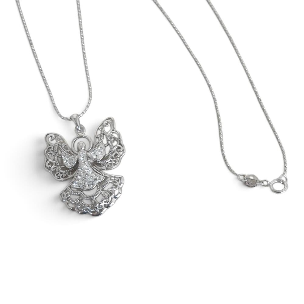 Sterling Silver 925 Filigree Angel Pendant Necklace Vintage Guardian Chain - Picture 3 of 7